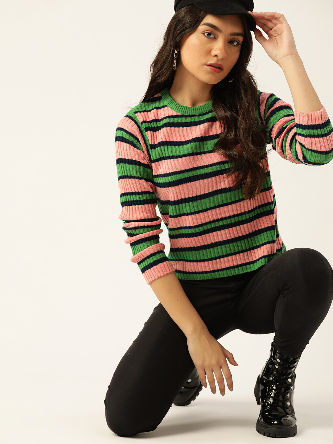 

DressBerry Women Pink & Green Striped Pullover