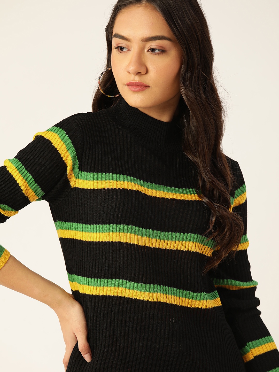 

DressBerry Women Black & Green Striped Pullover