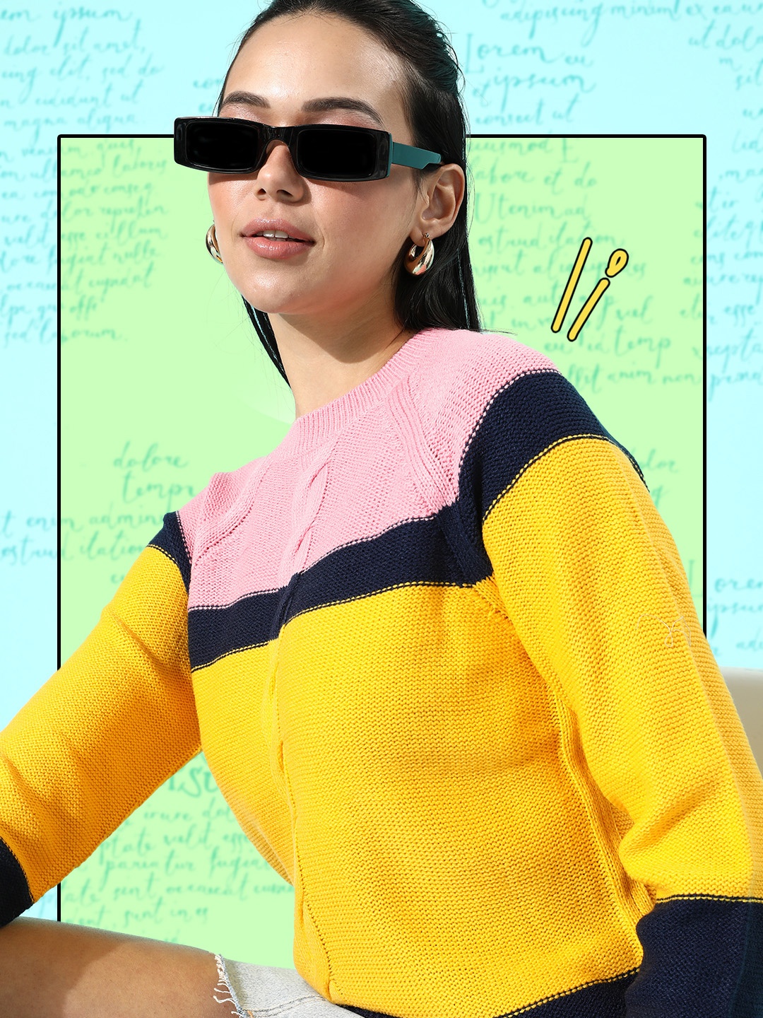 

DressBerry Women Stylish Mustard Colourblocked Knitted Sweater