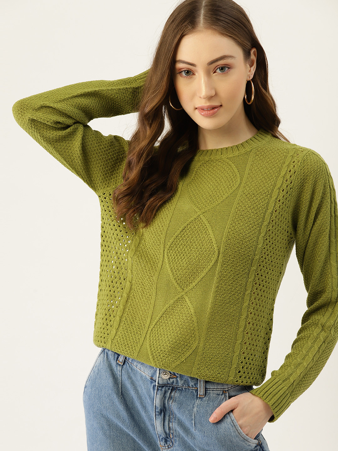 

DressBerry Women Olive Green Cable Knit Acrylic Pullover Sweater