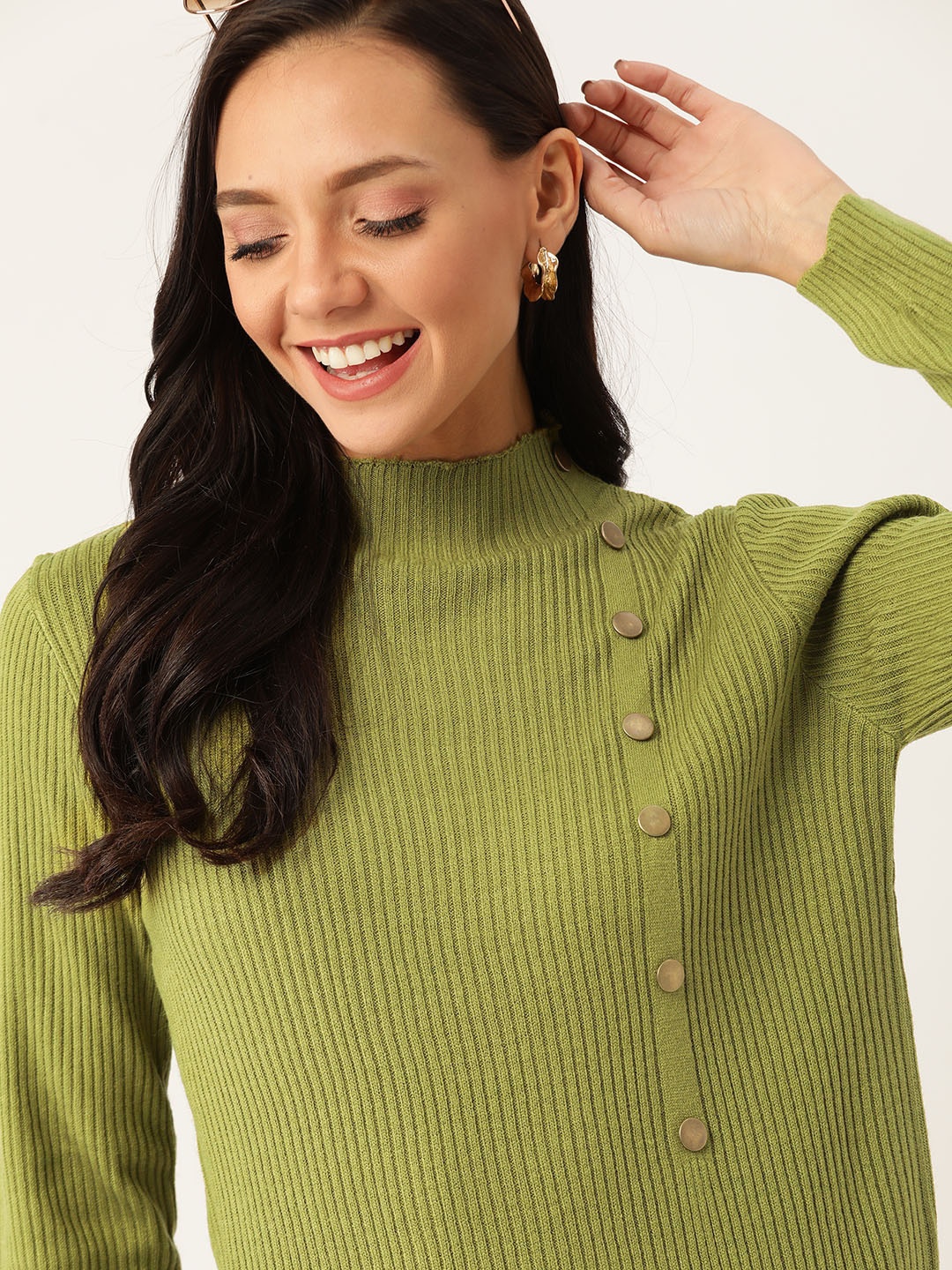 

DressBerry Women Green Ribbed Pullover