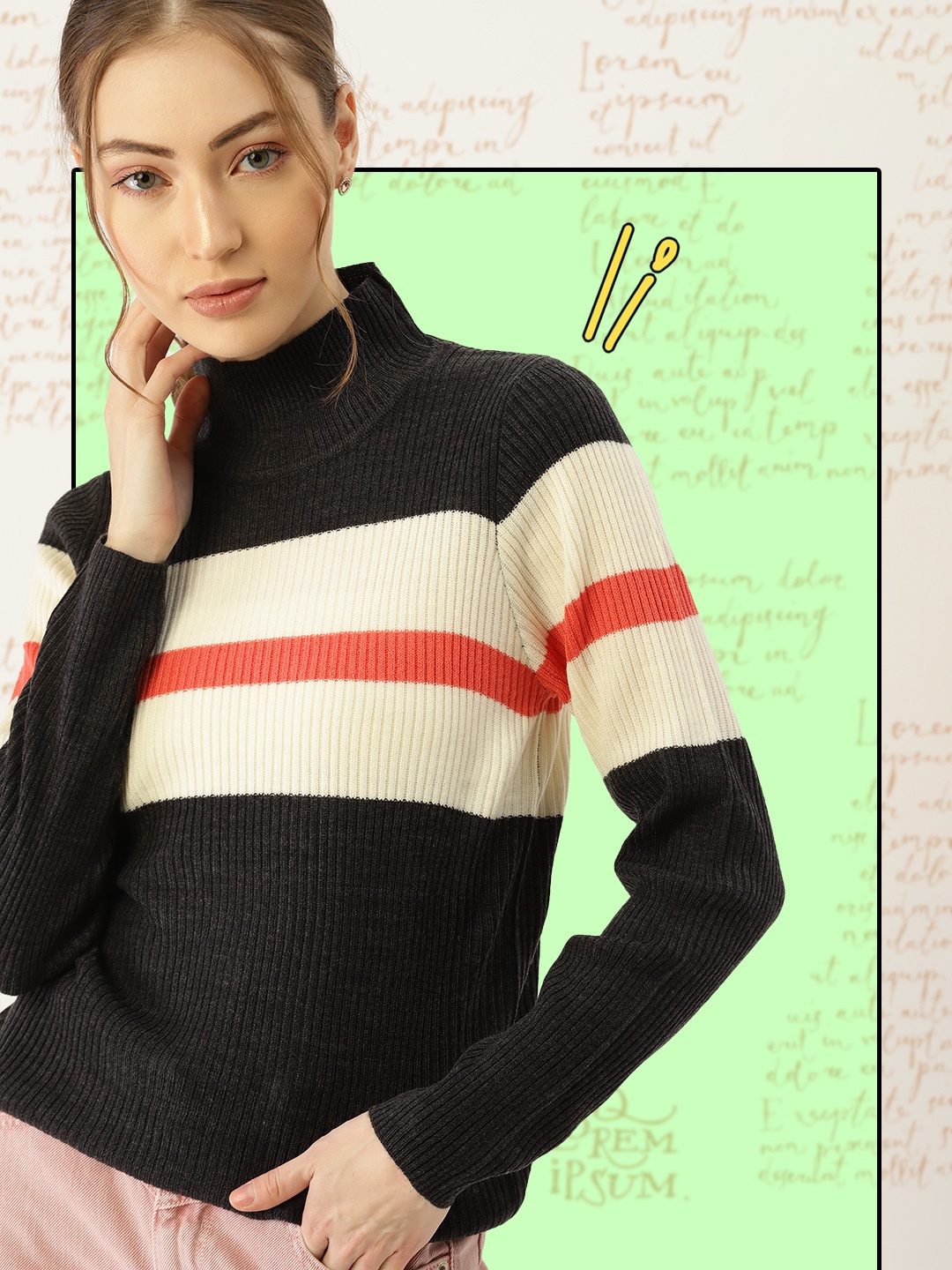 

DressBerry Women Charcoal Grey & Off-White Colourblocked High Neck Pullover Sweater