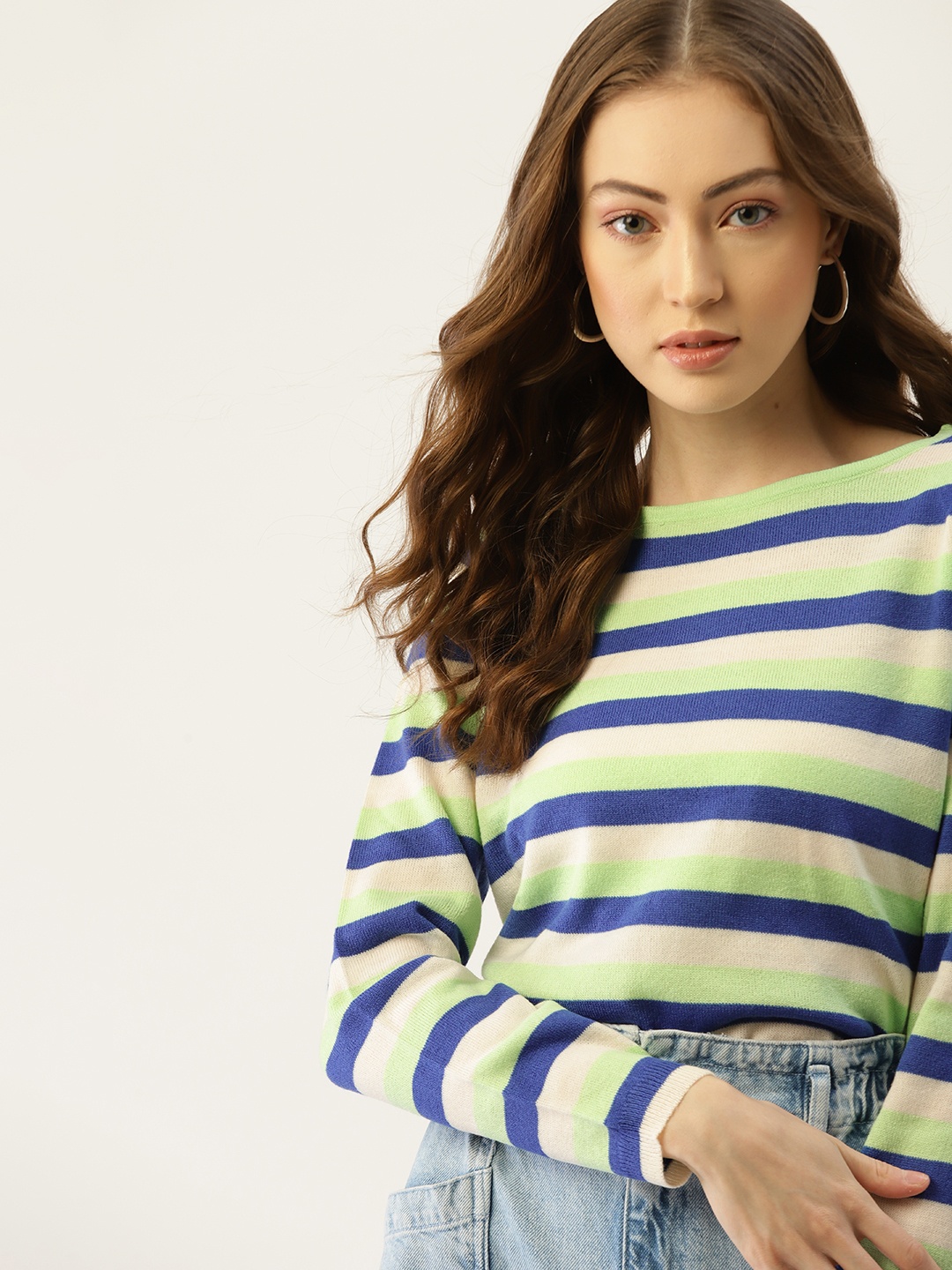

DressBerry Women Off-White & Blue Striped Pullover Sweater