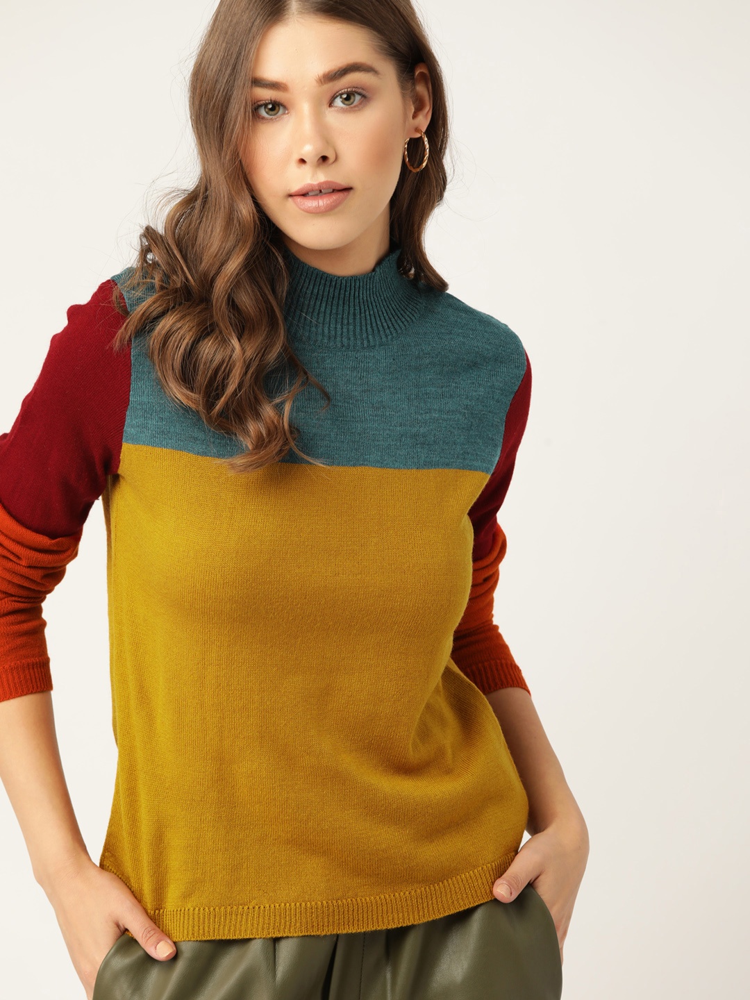 

DressBerry Women Mustard Yellow & Teal Green Acrylic Colourblocked Pullover