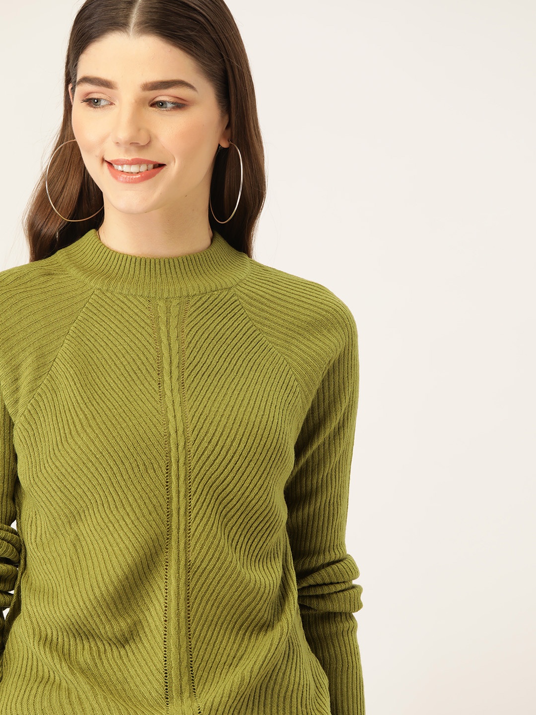

DressBerry Women Olive Green Ribbed Pullover Sweater
