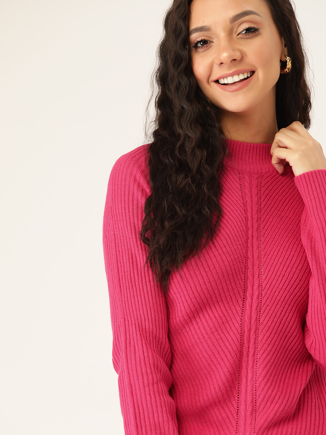 

DressBerry Women Pink Ribbed Pullover Sweater