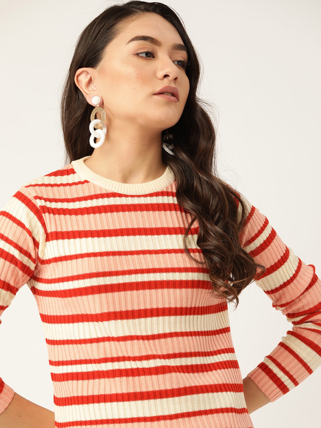 

DressBerry Women Peach-Coloured & Off-White Striped Pullover