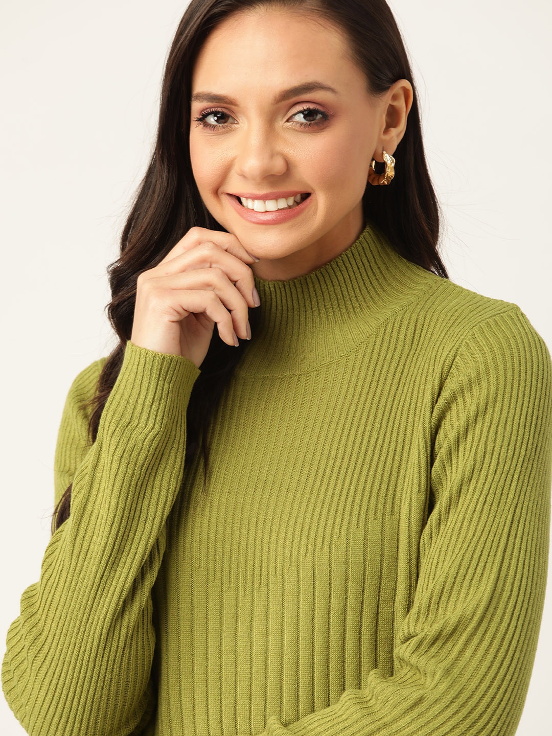 

DressBerry Women Olive Green Ribbed Pullover