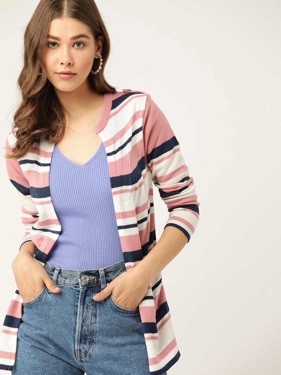 

DressBerry Women Pink & White Striped Front-Open