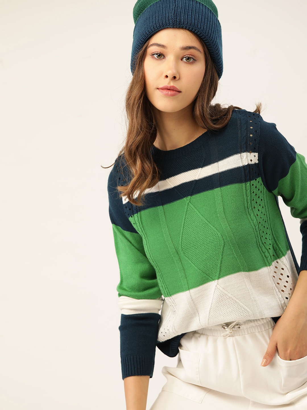 

DressBerry Women Green & Navy Blue Acrylic Colourblocked Pullover