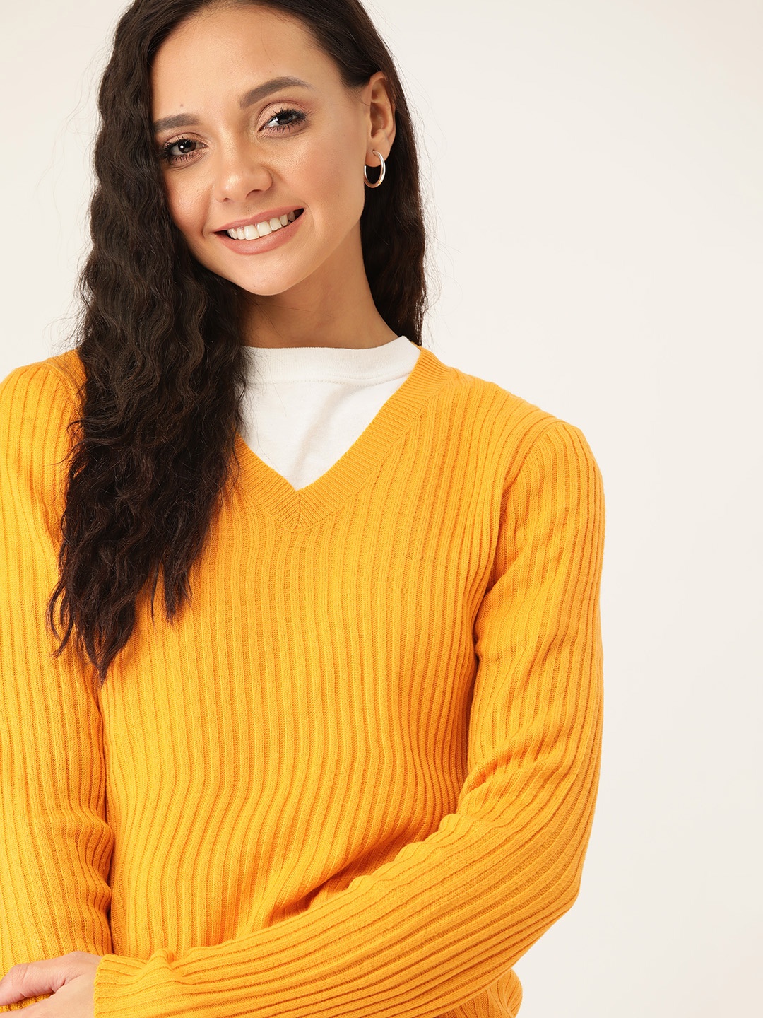 

DressBerry Women Mustard Yellow Self-Striped Pullover Sweater