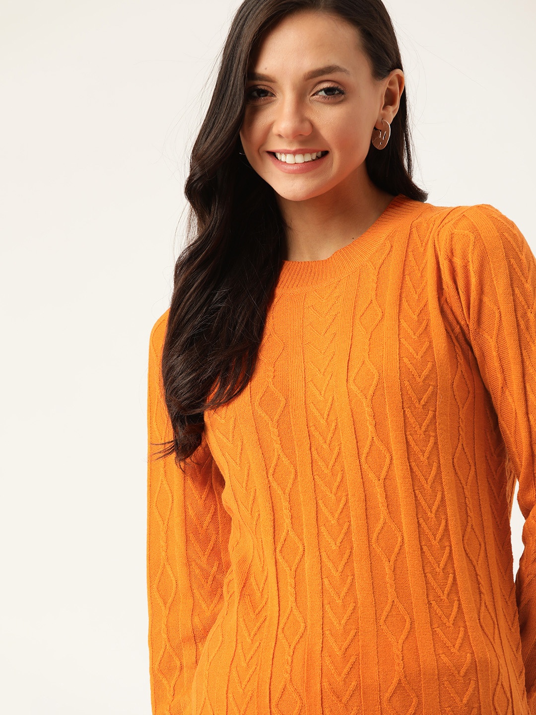 

DressBerry Women Orange Self Design Pullover Sweater