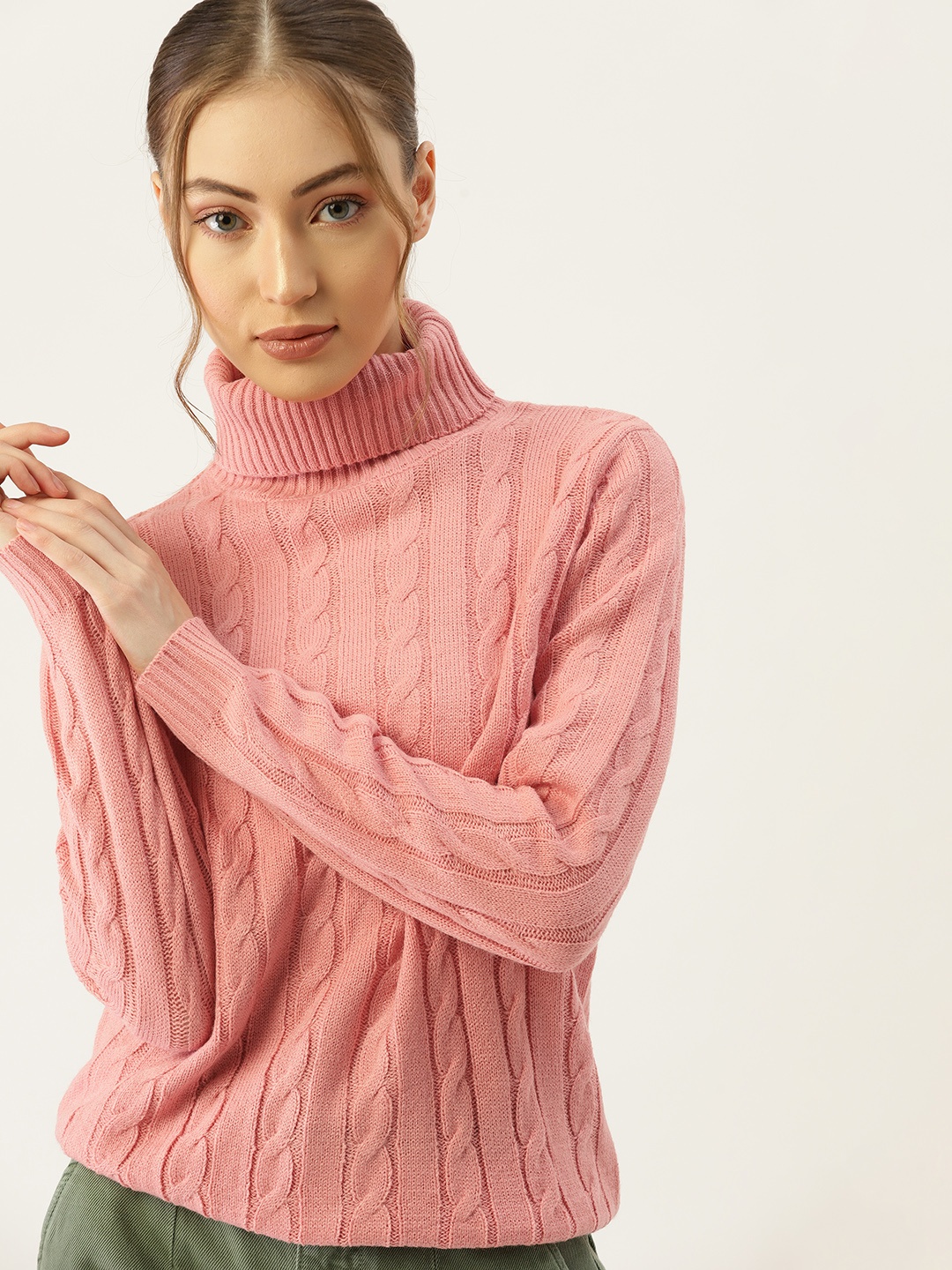 

DressBerry Women Dusty Pink Cable Knit Acrylic Turtle Neck Pullover Sweater