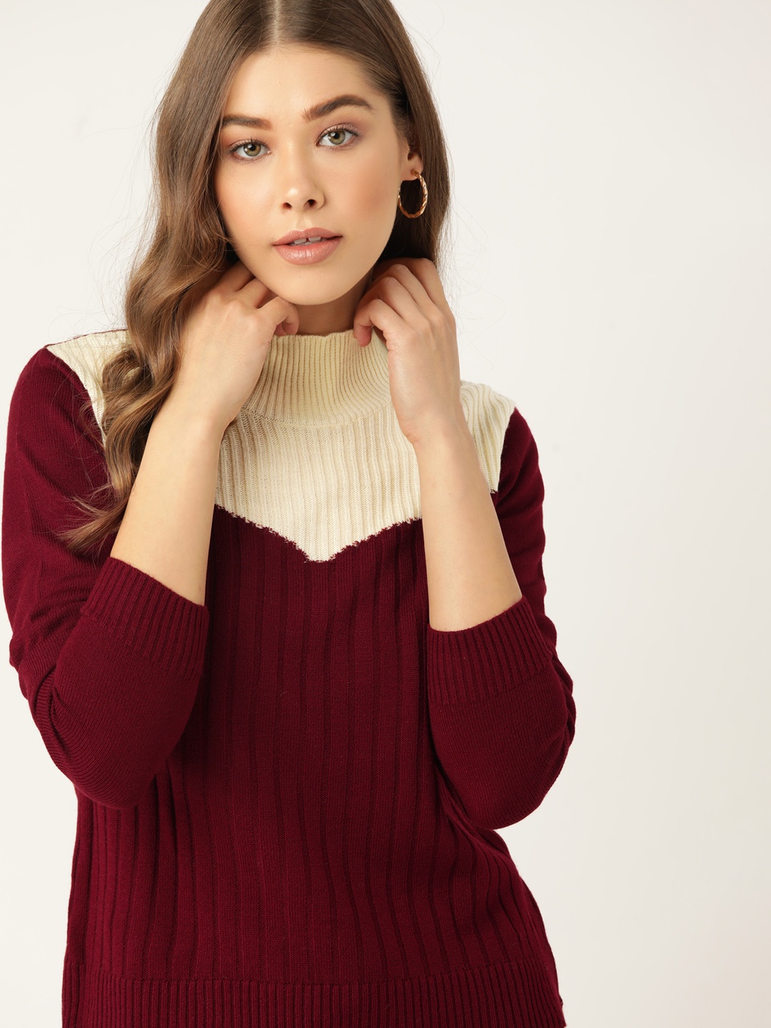 

DressBerry Women Maroon & Off White Acrylic Colourblocked Pullover