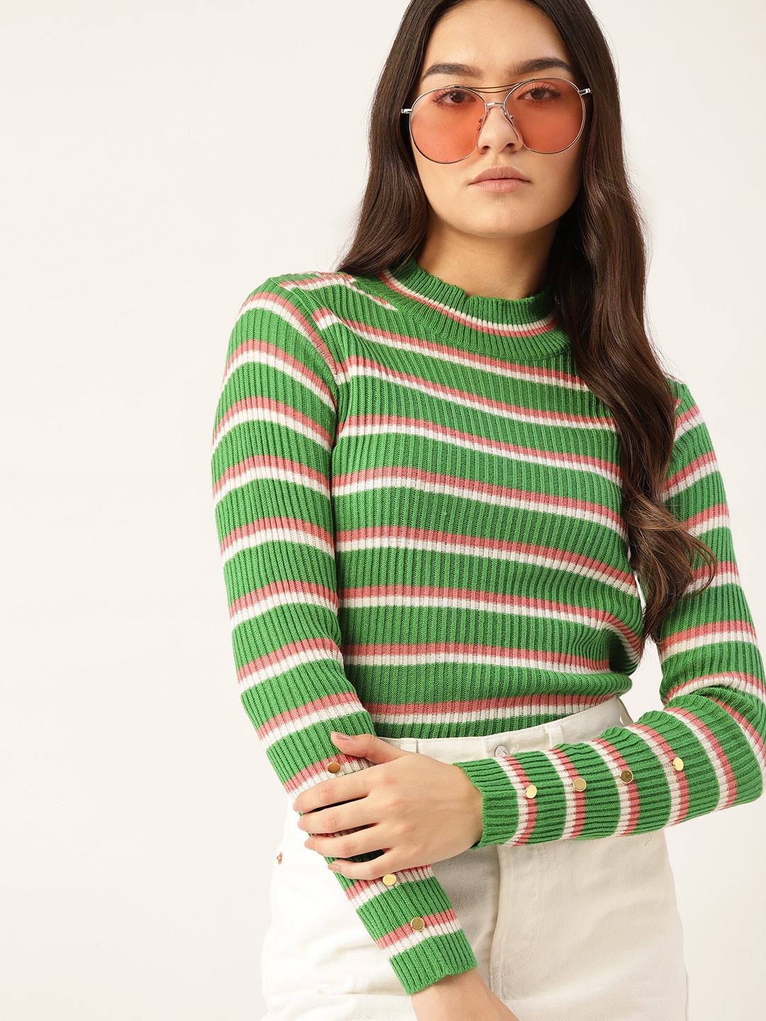 

DressBerry Women Green & Pink Striped Pullover