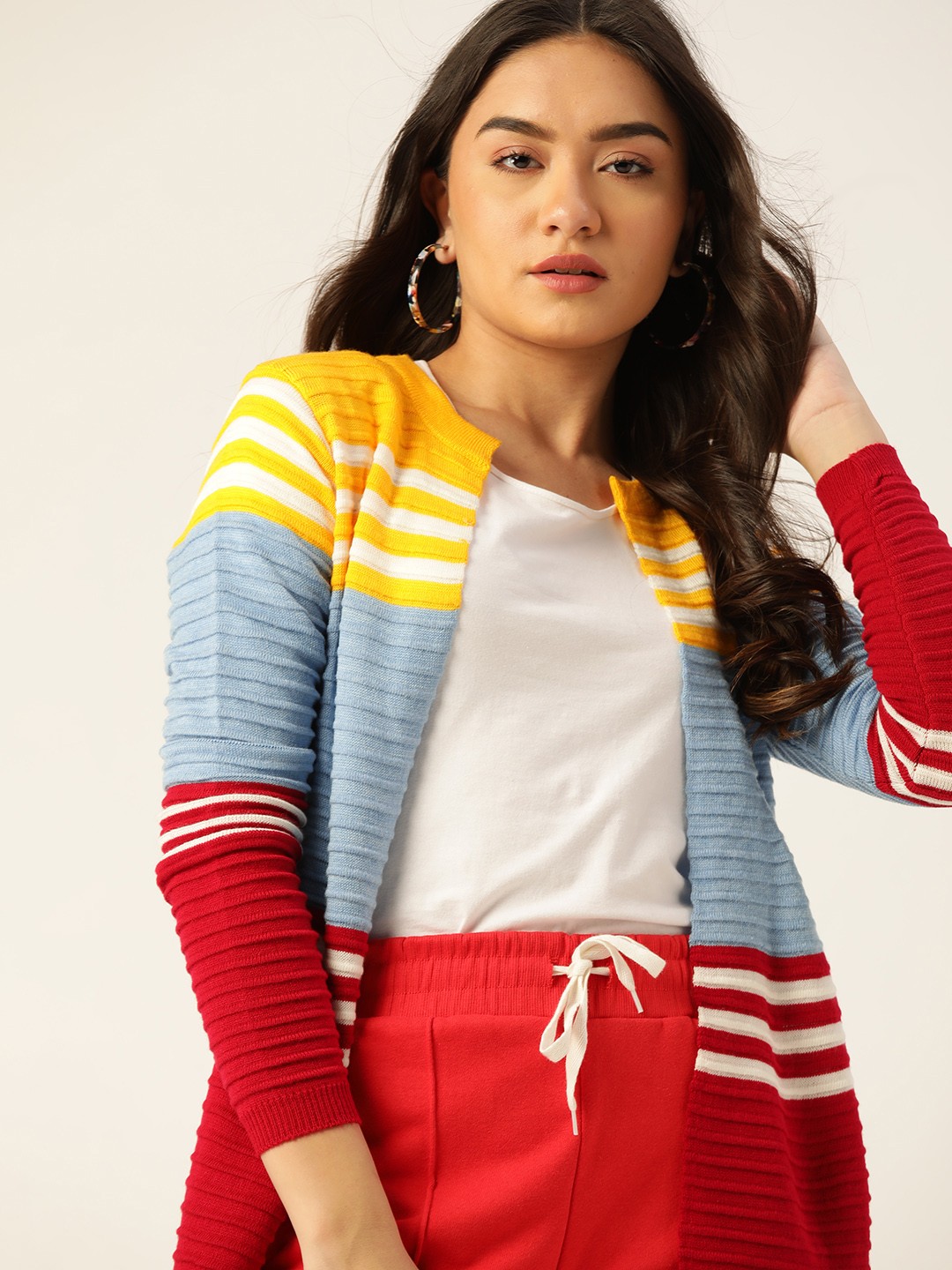 

DressBerry Women Red & Blue Colourblocked Front-Open Sweater