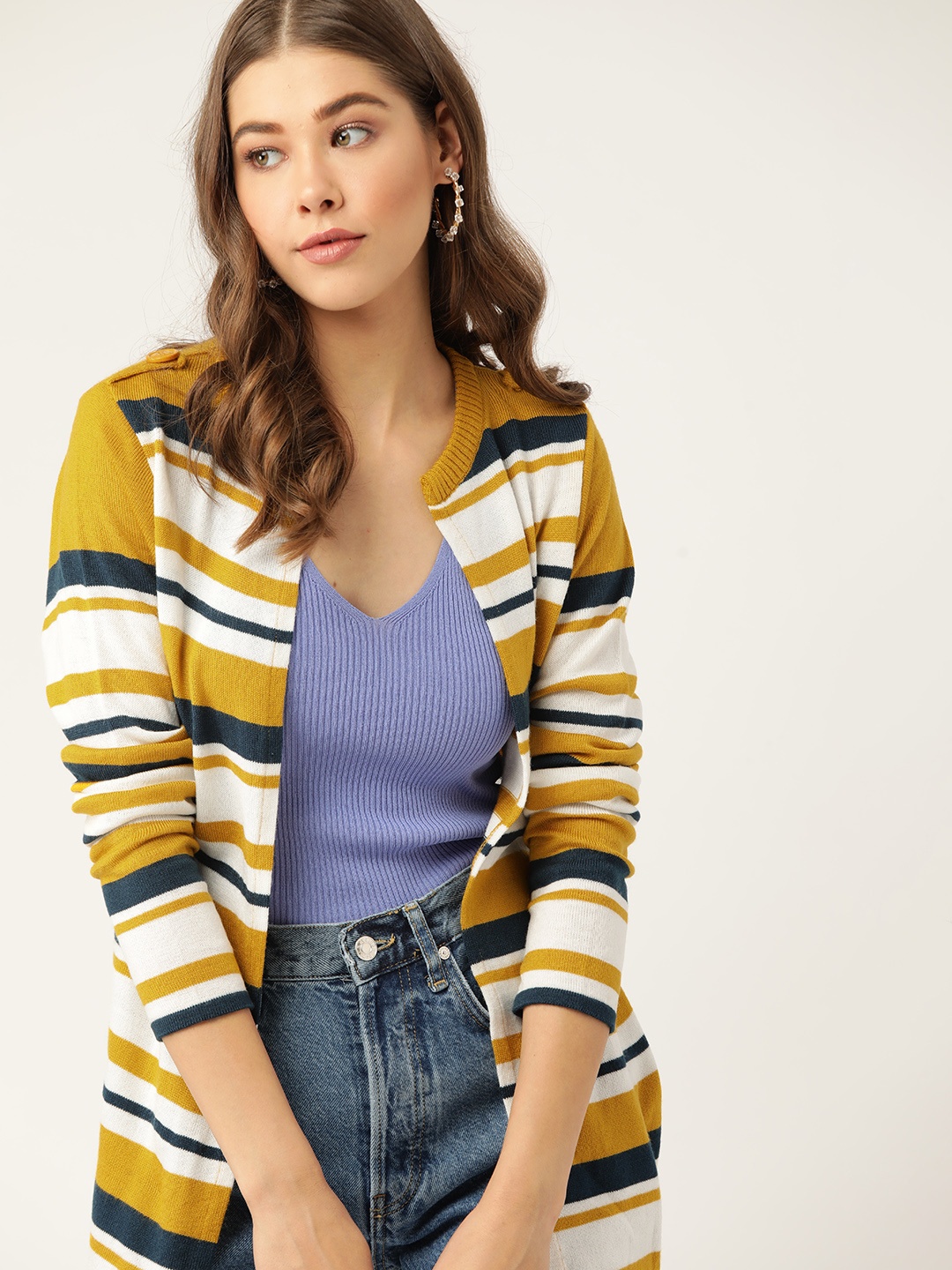 

DressBerry Women Mustard Yellow & Navy Blue Striped Front-Open