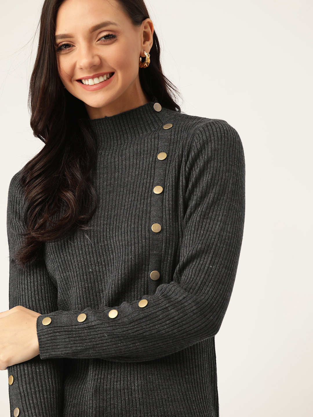 

DressBerry Women Charcoal Grey Button Detail Ribbed Pullover