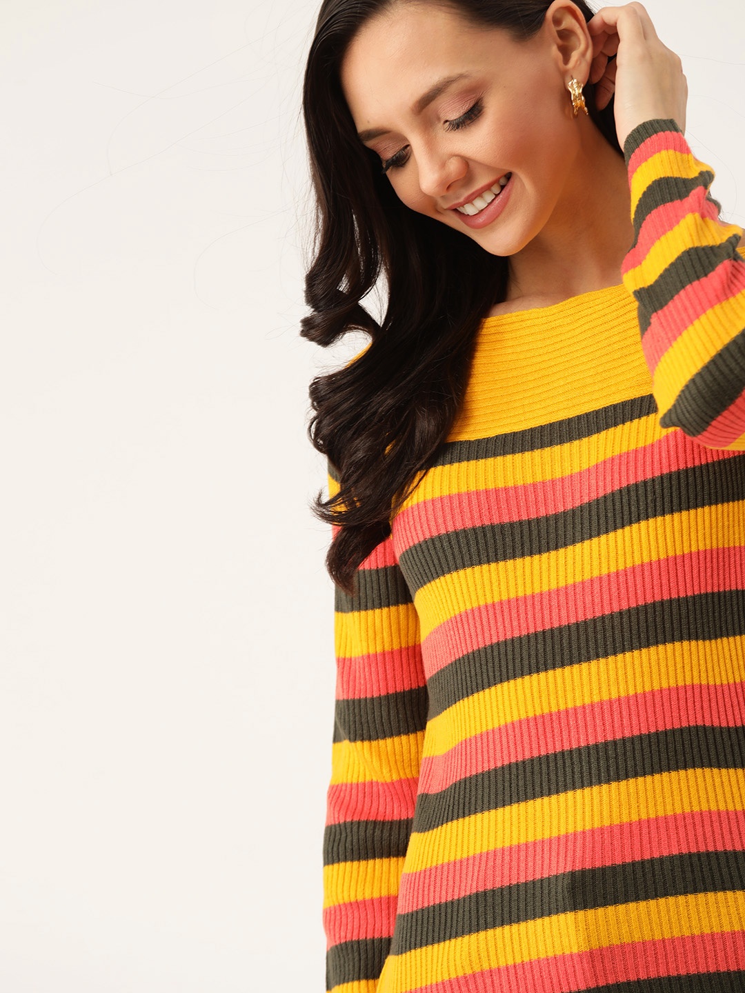 

DressBerry Women Yellow & Pink Striped Pullover Sweater