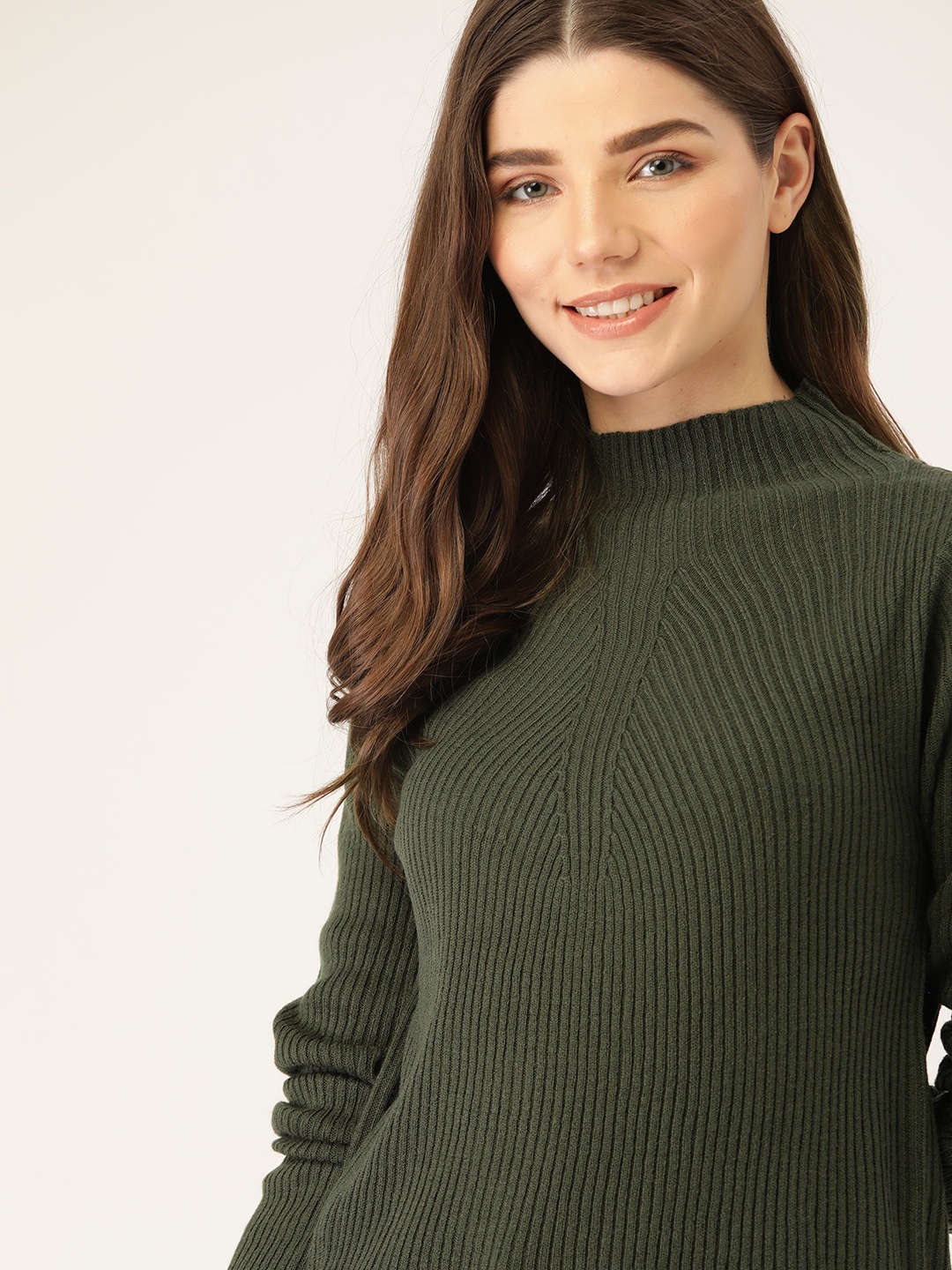 

DressBerry Women Olive Green Self Striped Sweater