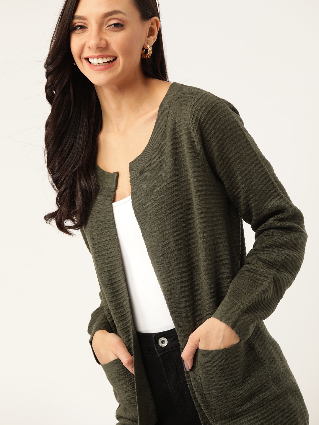 

DressBerry Women Olive Green Self-Striped Front-Open Sweater
