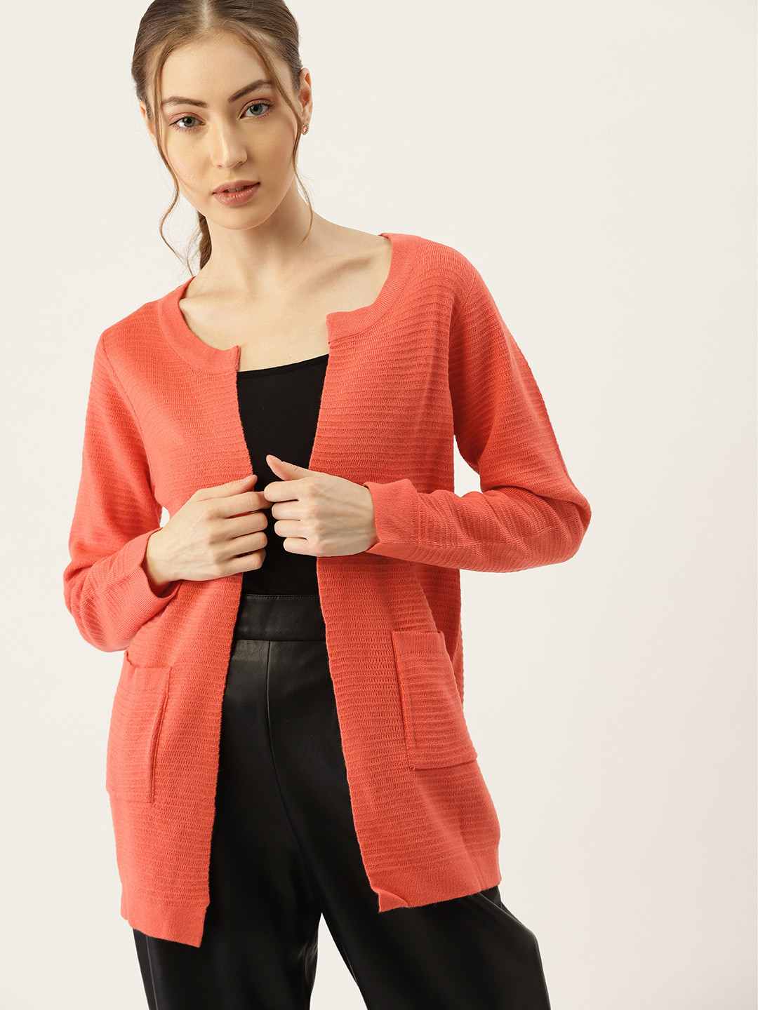 

DressBerry Women Coral Orange Self Striped Acrylic Longline Front-Open Sweater