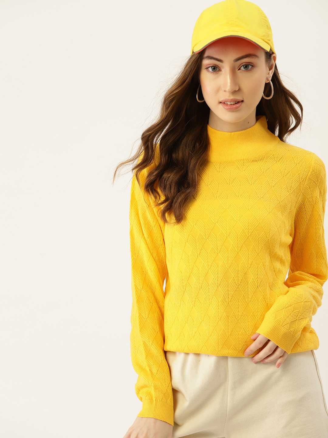 

DressBerry Women Yellow Geometric Self Design High Neck Acrylic Pullover Sweater