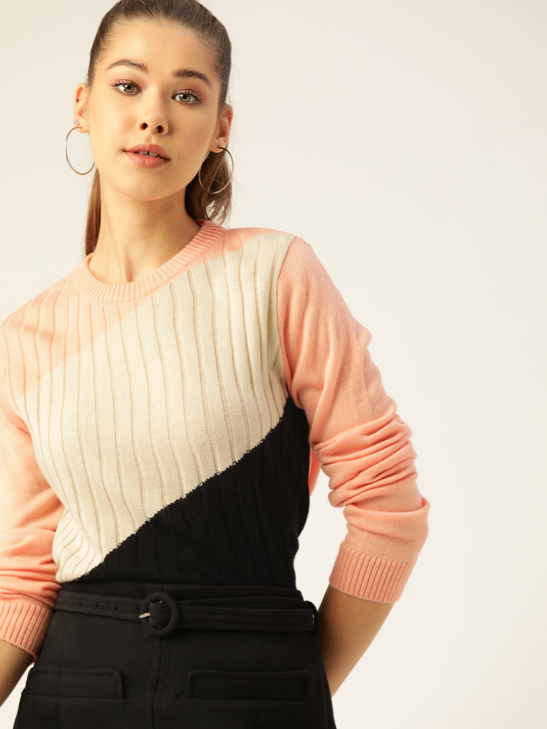 

DressBerry Women Peach-Coloured & Beige Colourblocked Pullover