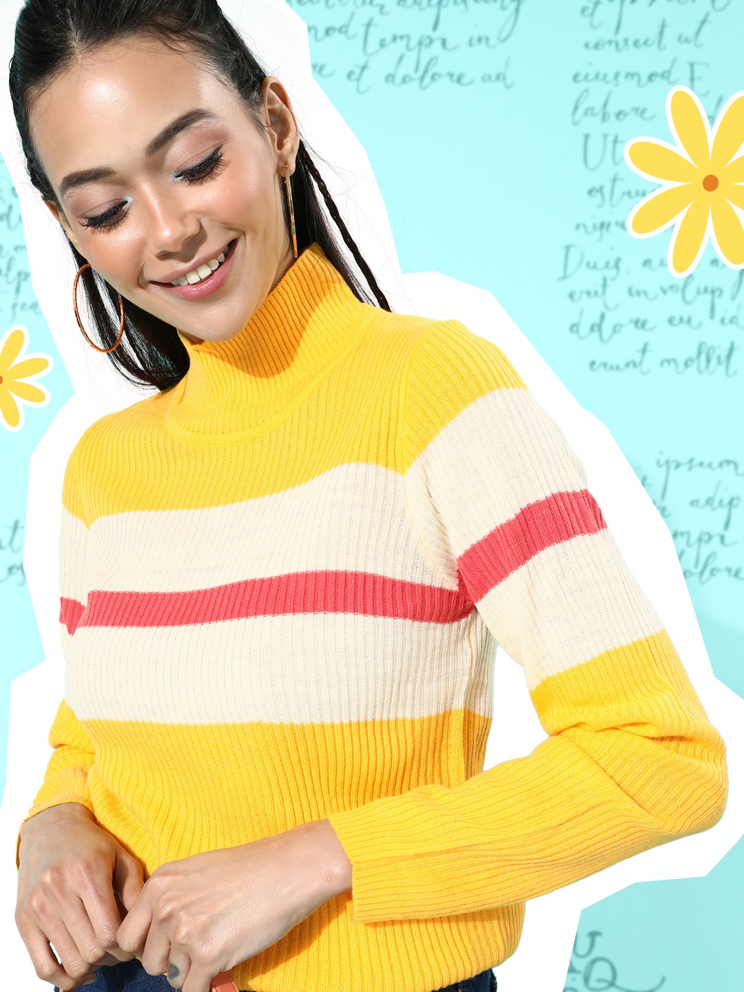 

DressBerry Women Yellow & White Colourblocked High Neck Pullover Sweater