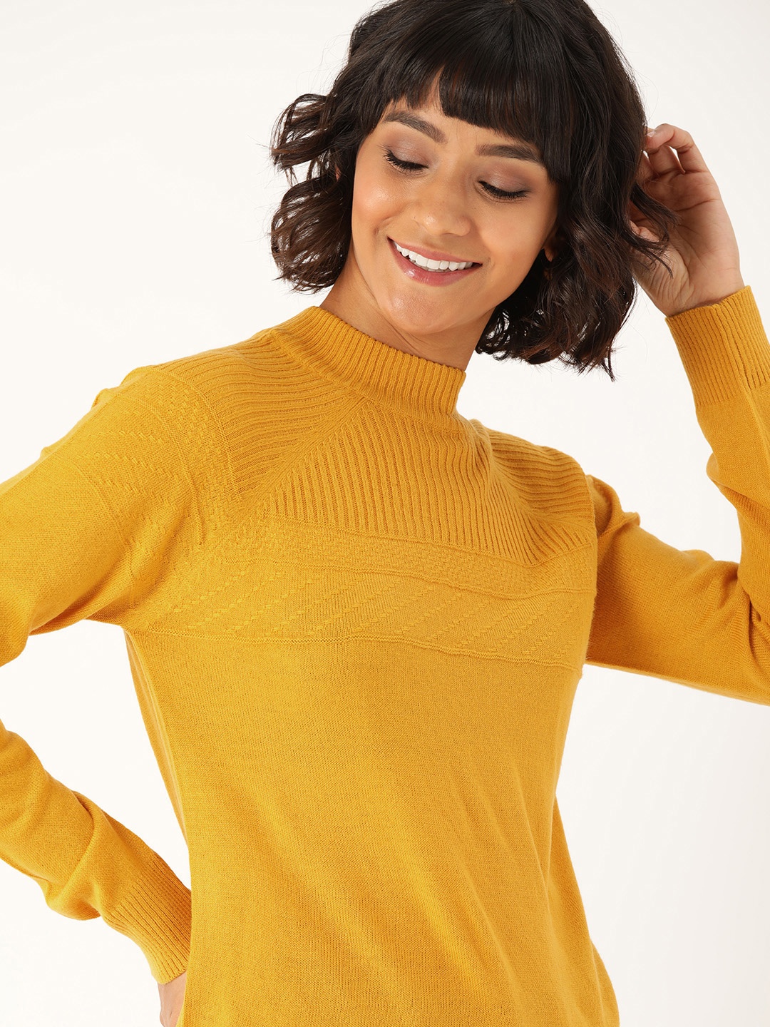 

DressBerry Women Yellow Self Design Pullover Sweater