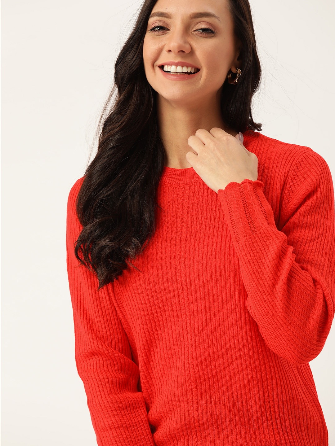 

DressBerry Women Red Ribbed Pullover Sweater