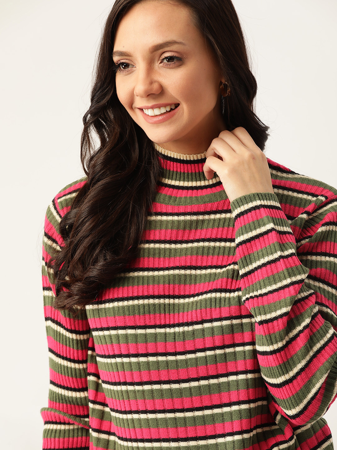 

DressBerry Women Pink & Olive Green Striped Acrylic Pullover