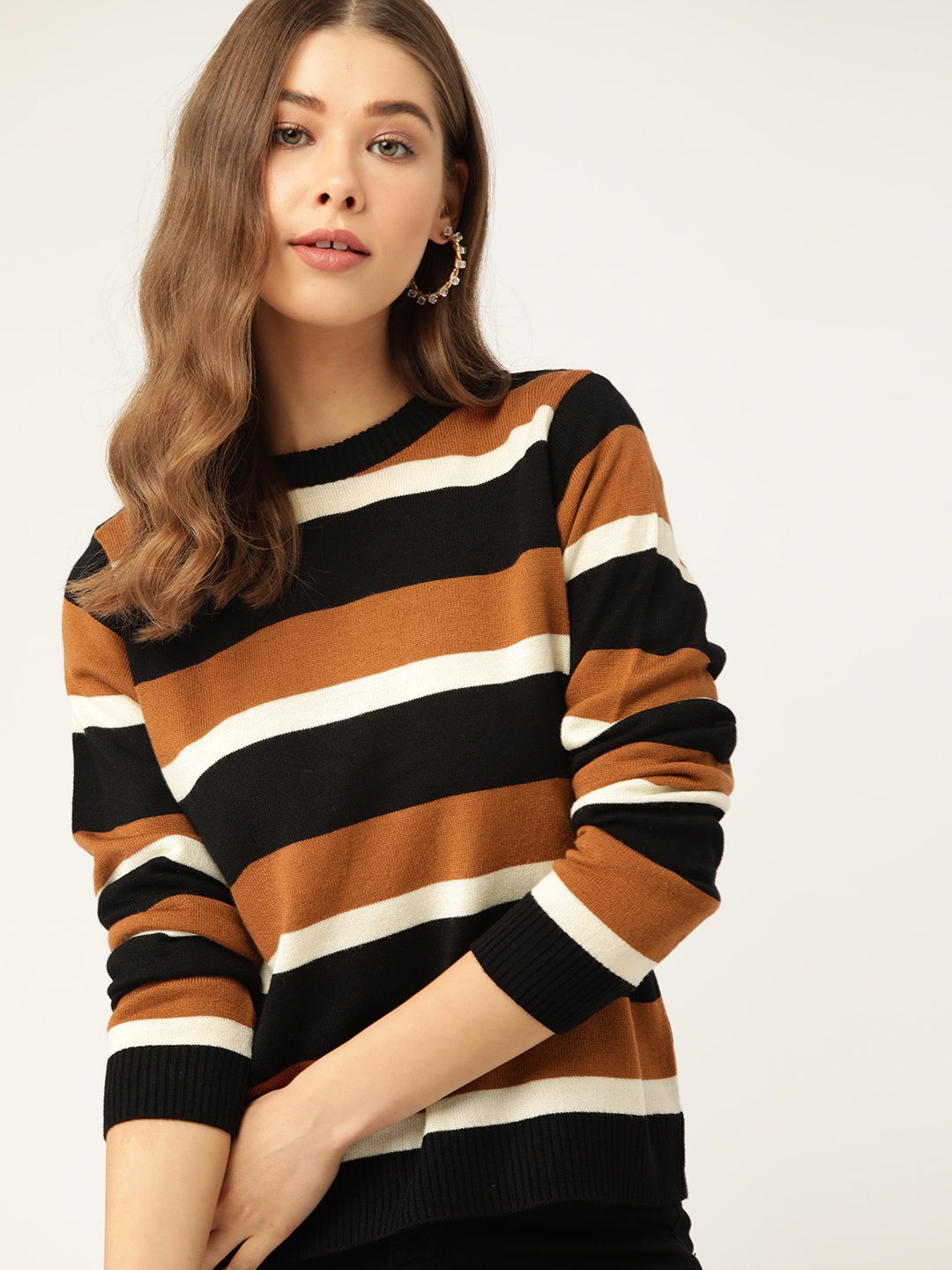 

DressBerry Women Brown & Black Striped Pullover