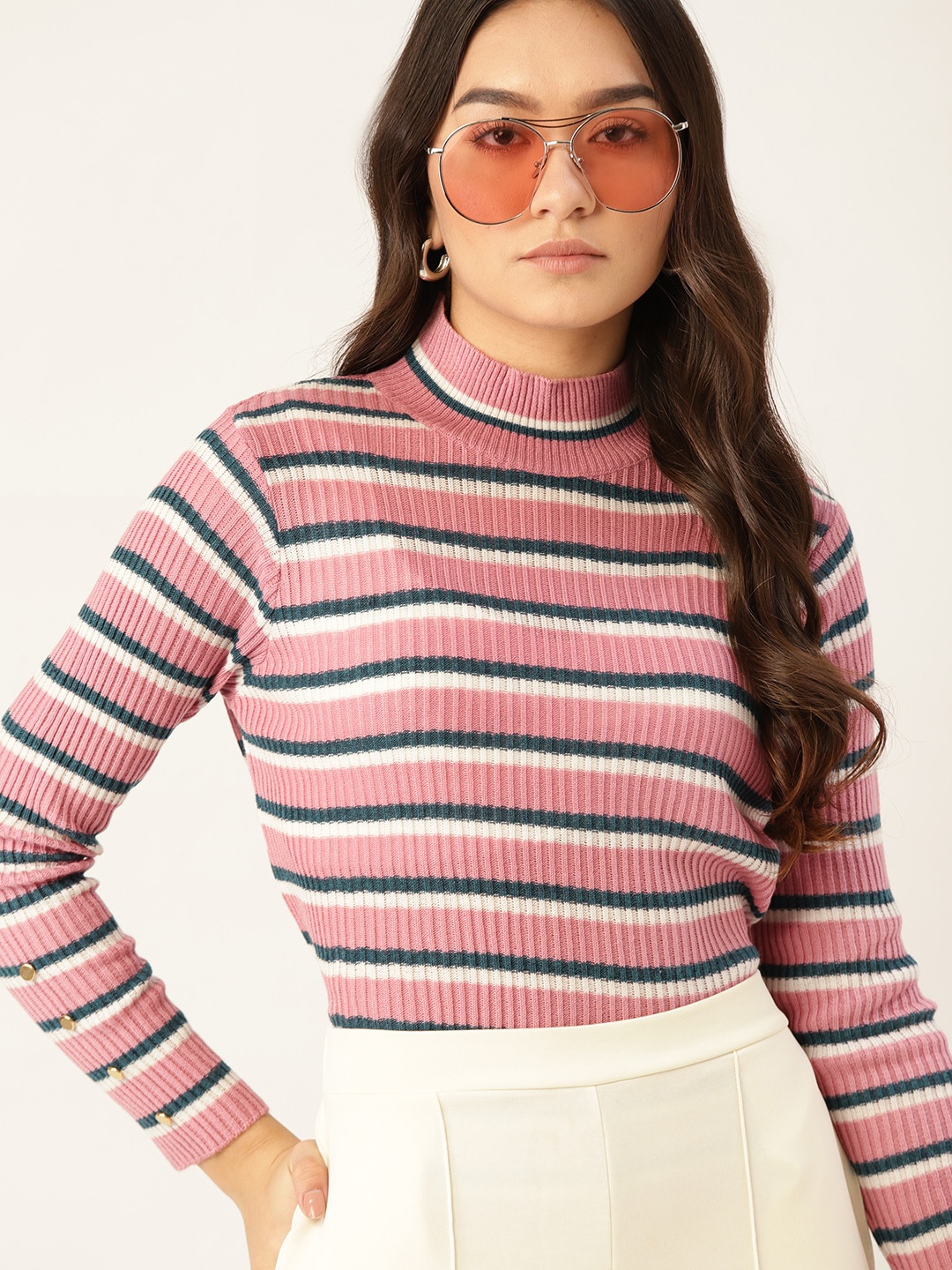 

DressBerry Women Pink & Blue Striped Pullover