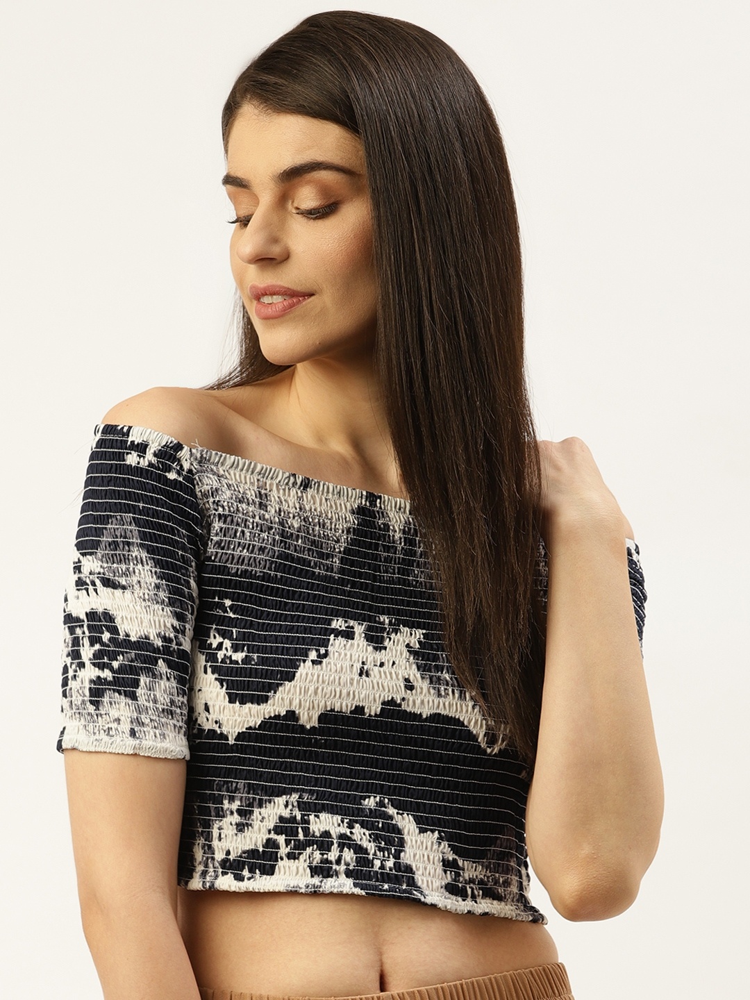 

Trend Arrest Women Navy Blue & Off-White Dyed Smocked Cropped Bardot Top