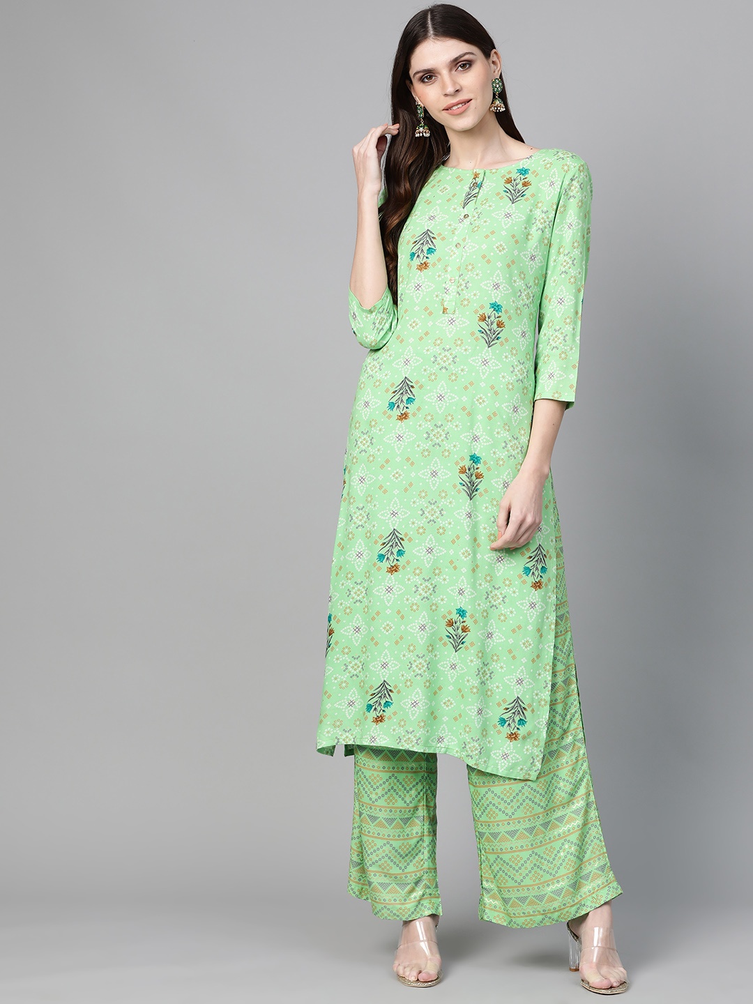 

Yufta Women Green & Beige Bandhani Print Kurta with Palazzos