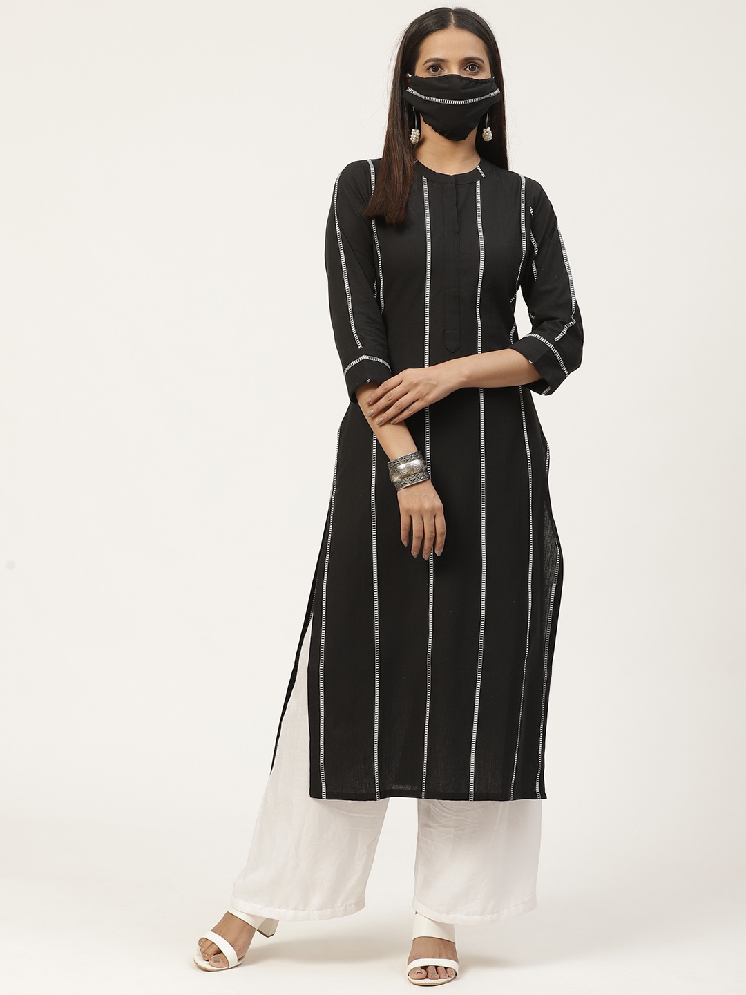 

Gerua By Libas Women Black White Striped Straight Kurta