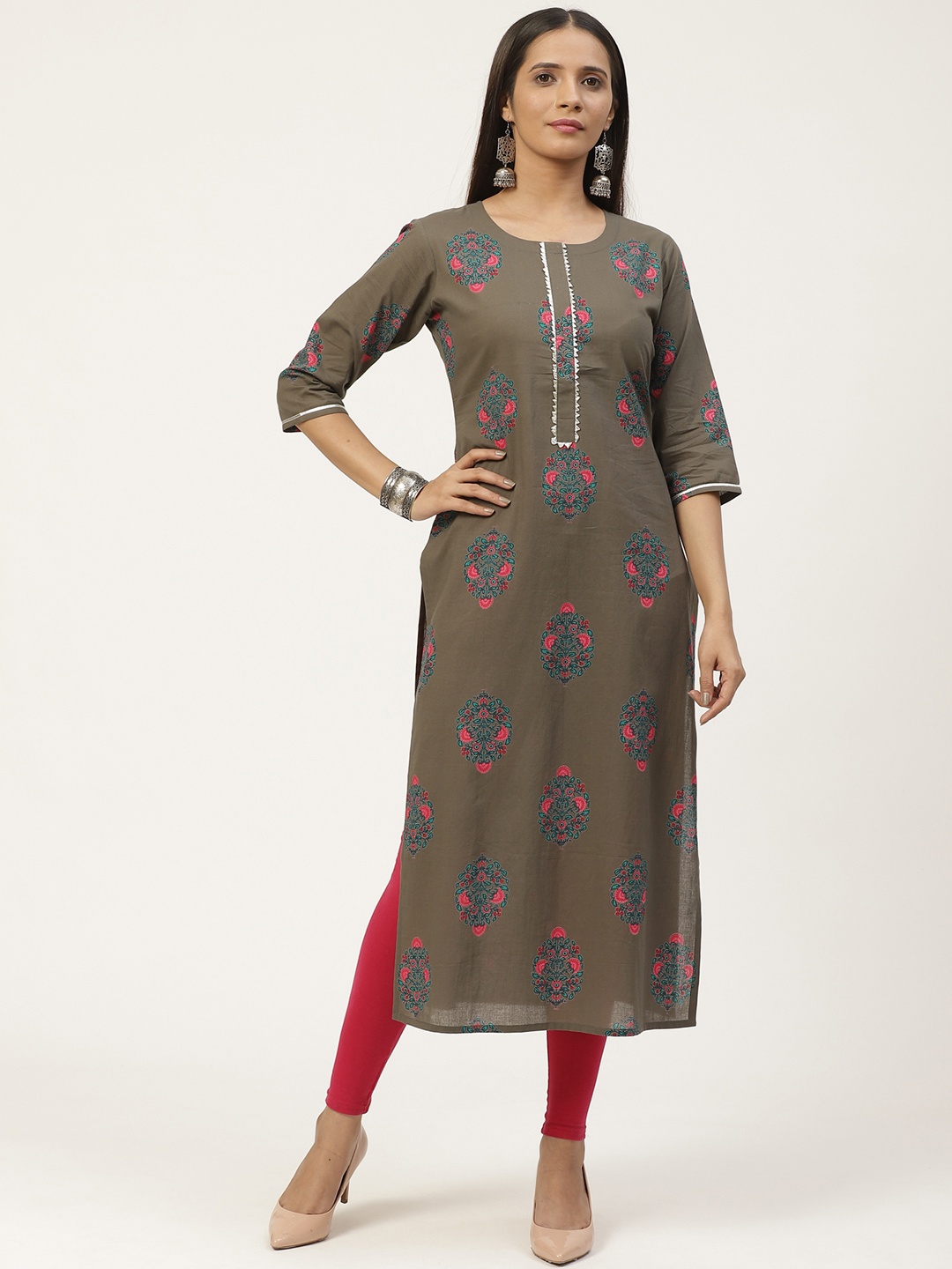 

GERUA Women Charcoal Grey & Green Printed Straight Kurta