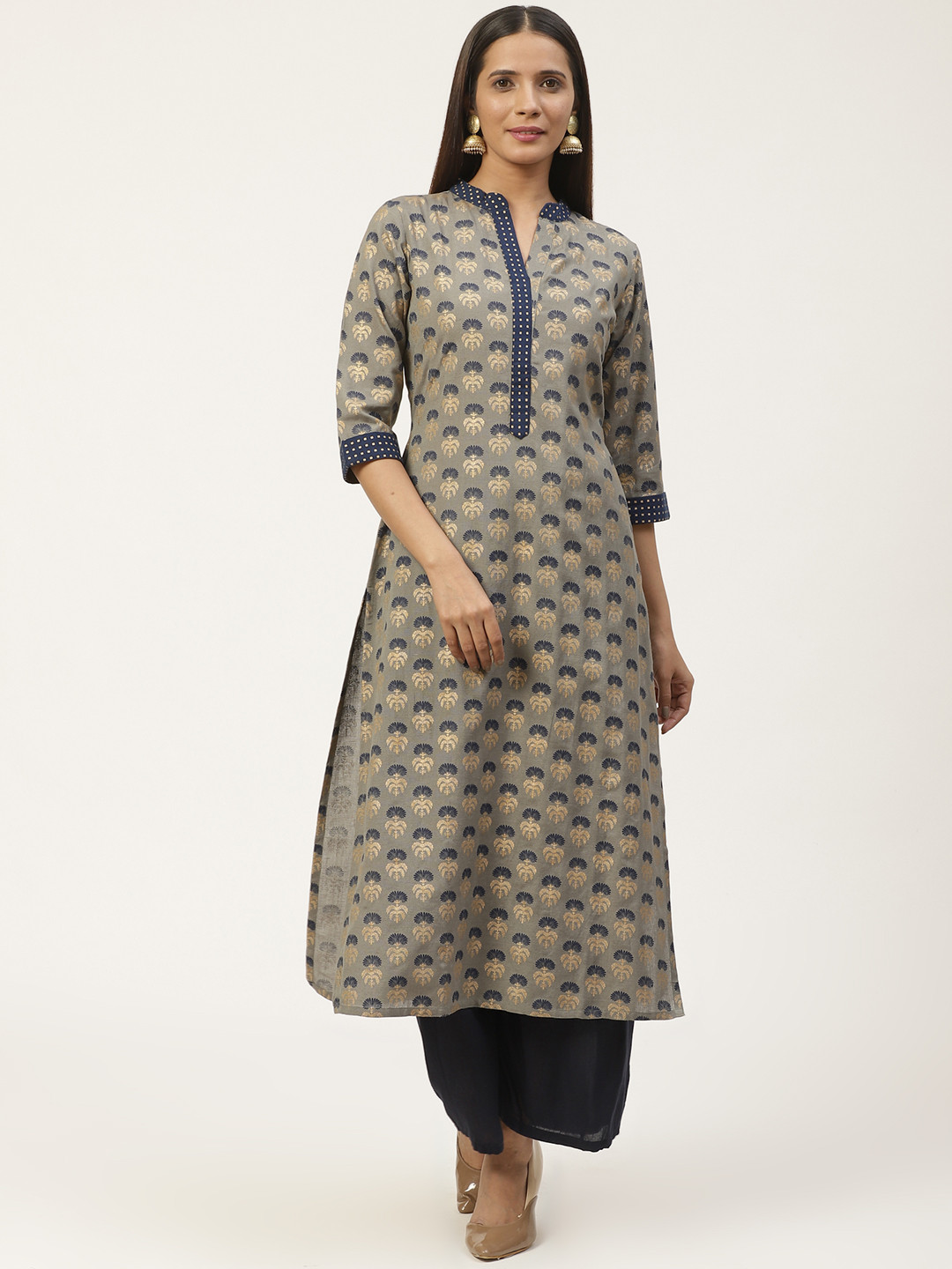

GERUA Women Grey & Navy Blue Printed Straight Kurta