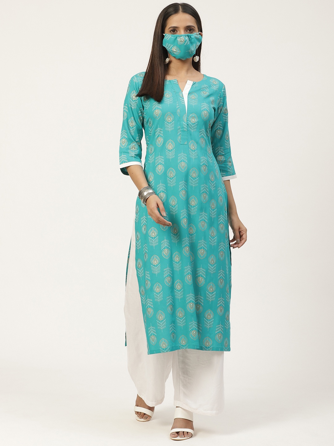 

GERUA Women Turquoise Blue Golden Printed Straight Kurta