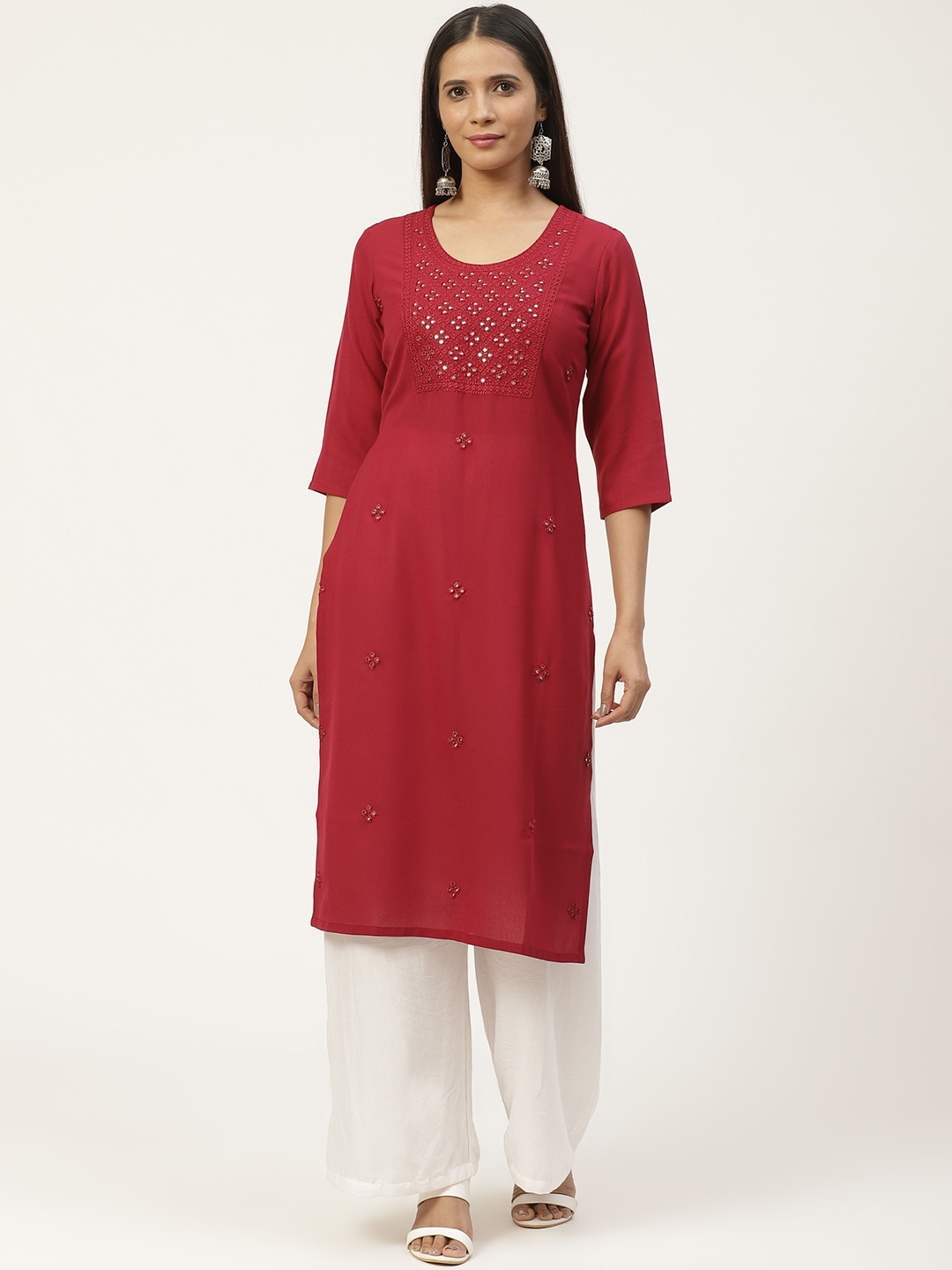 

Gerua By Libas Women Maroon Embroidered Mirror Work Straight Kurta