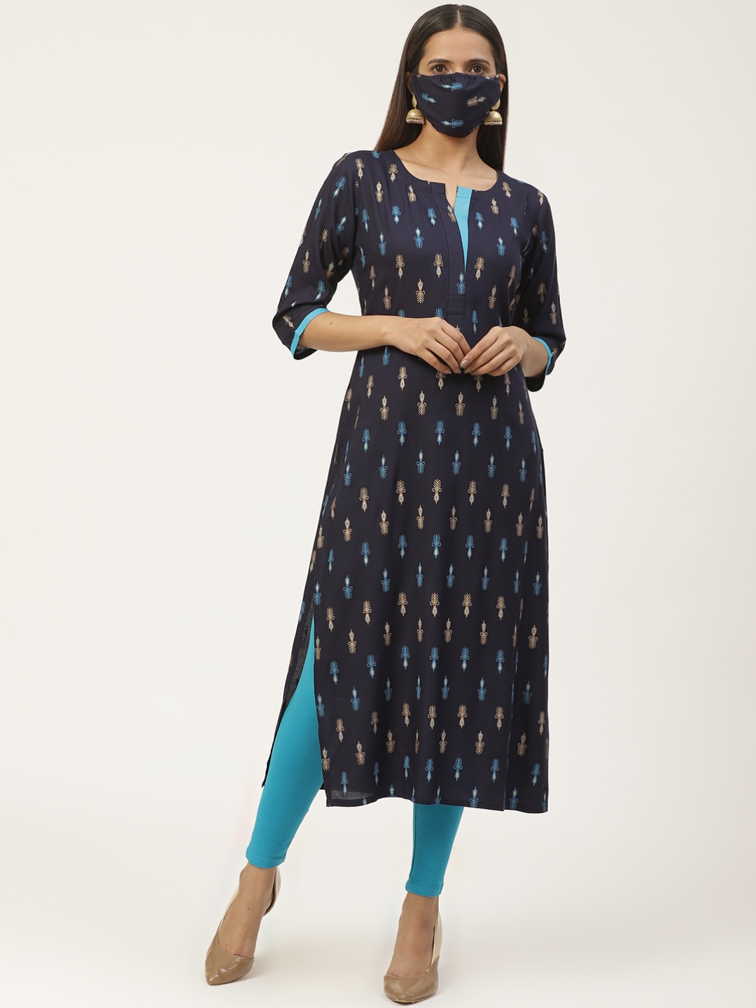 

GERUA Women Navy Blue Golden Printed Straight Kurta