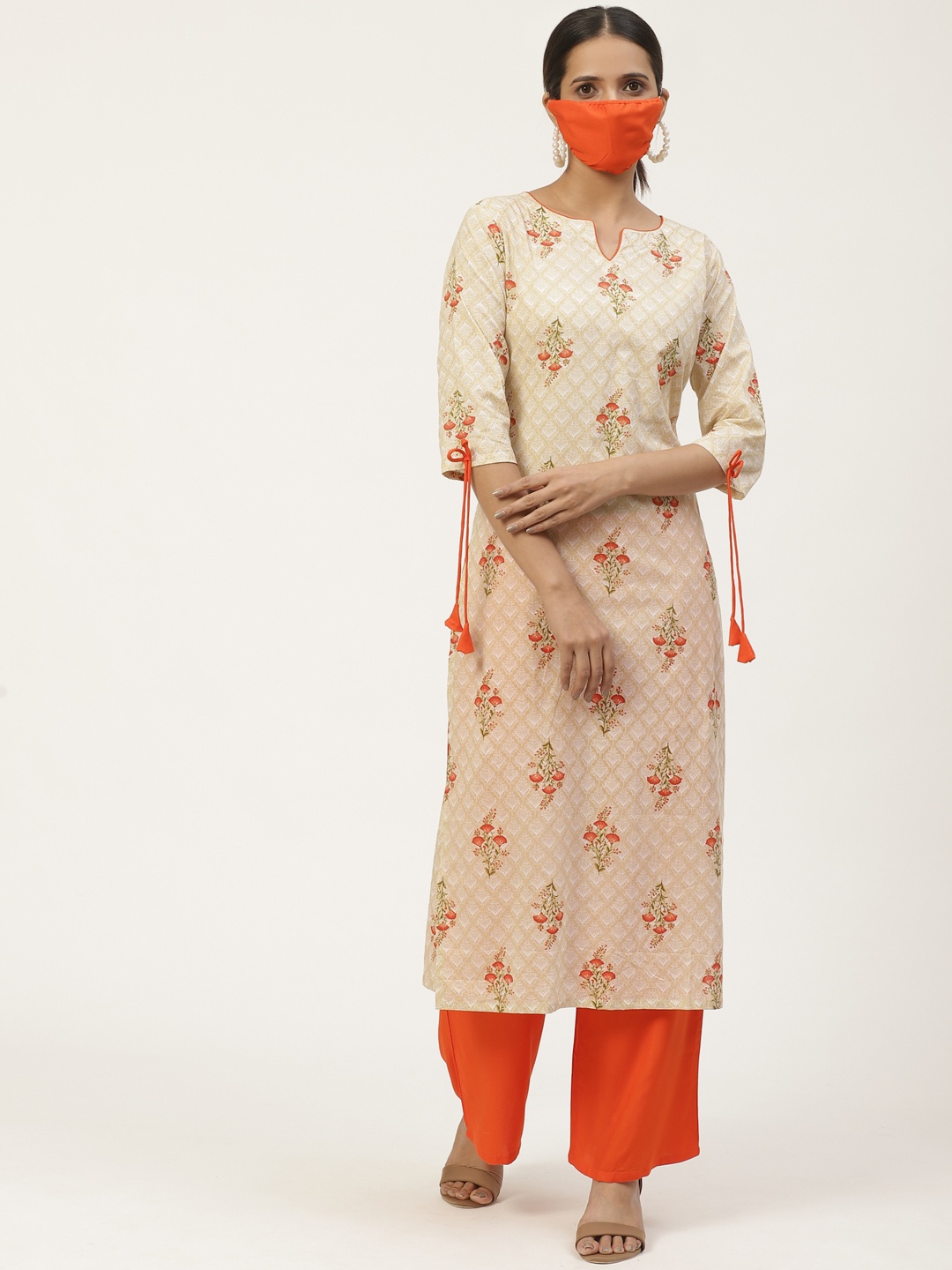 

GERUA Women Off-White Orange Printed Kurta Palazzos