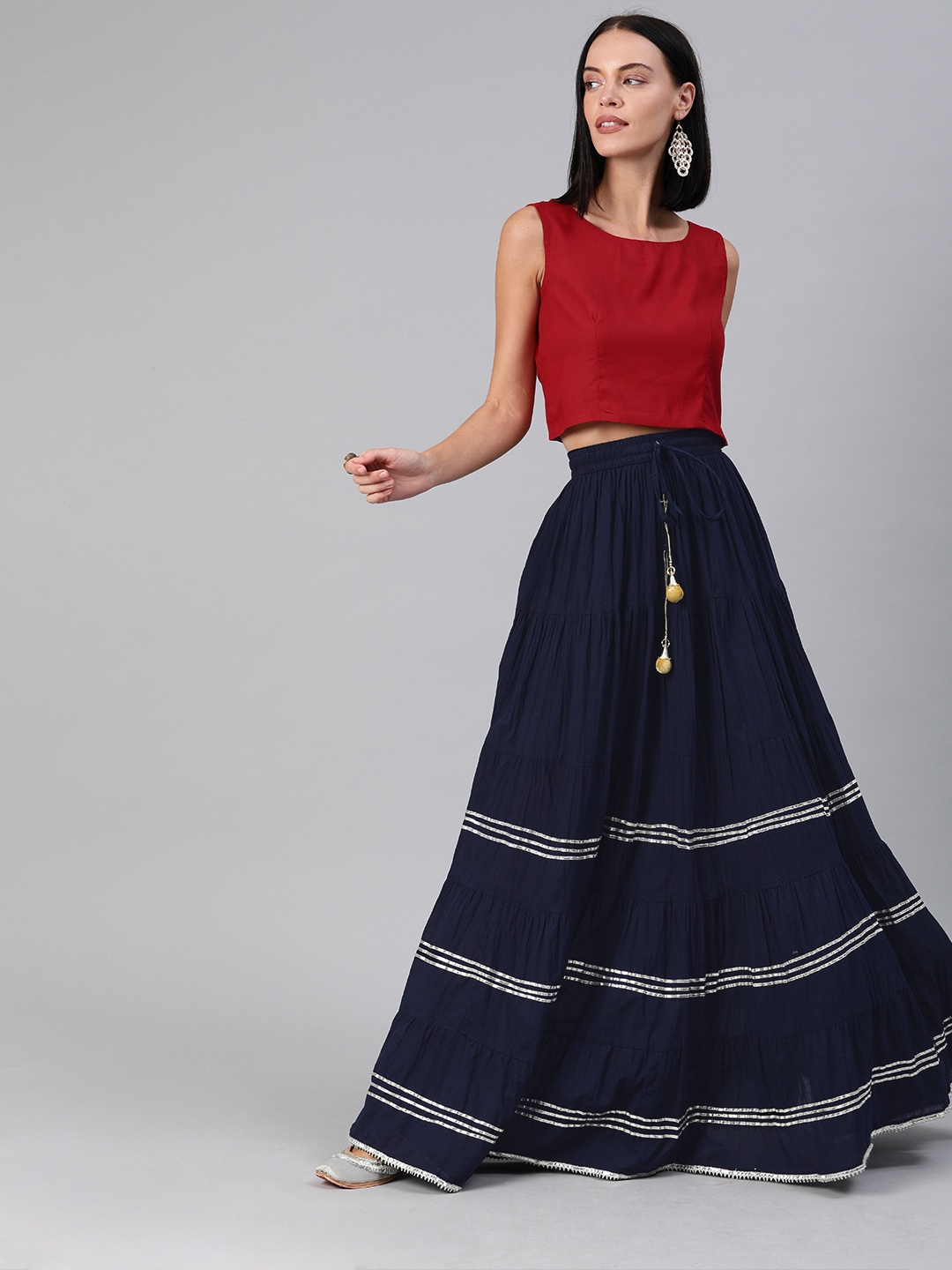 

Geroo Jaipur Handcrafted Maroon Crop Sustainable Top & Navy Blue Pure Cotton Skirt