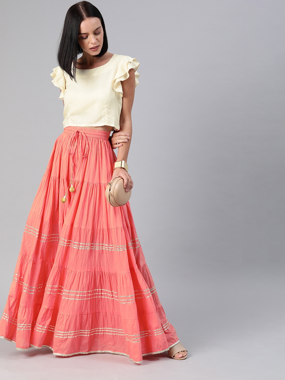 

Geroo Jaipur Hand Crafted flared Peach Pure Cotton Skirt with White Crop Top