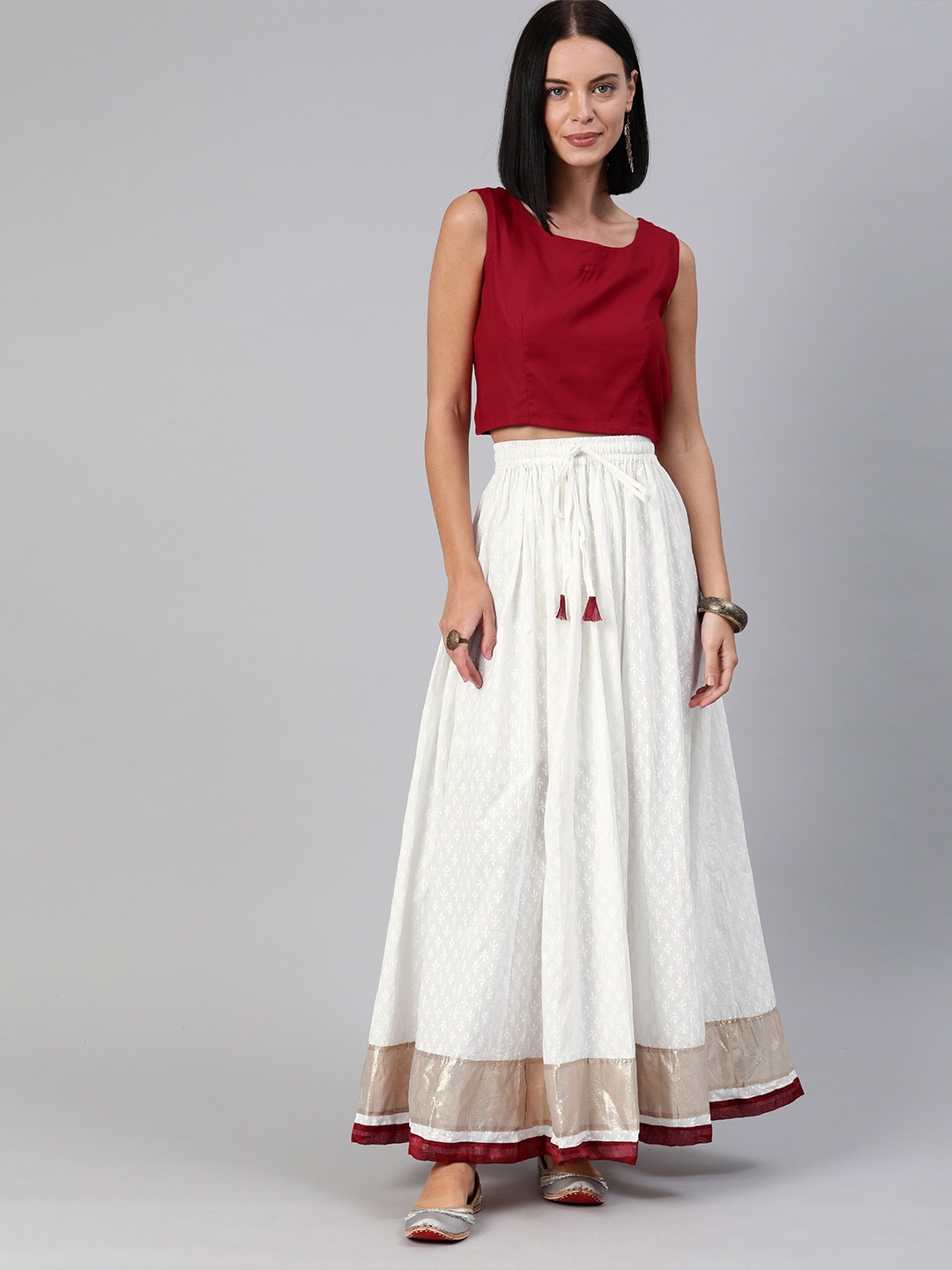 

Geroo Jaipur White Pure Cotton long Skirt with Red Crop Top