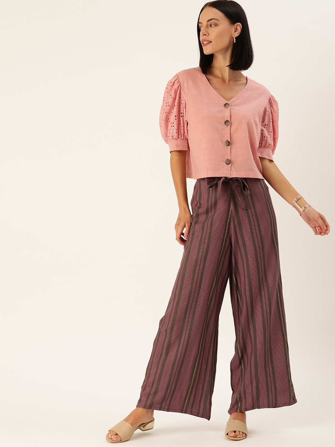 

Varanga Women Burgundy & Pink Solid Schiffli Sleeved Top with Palazzos