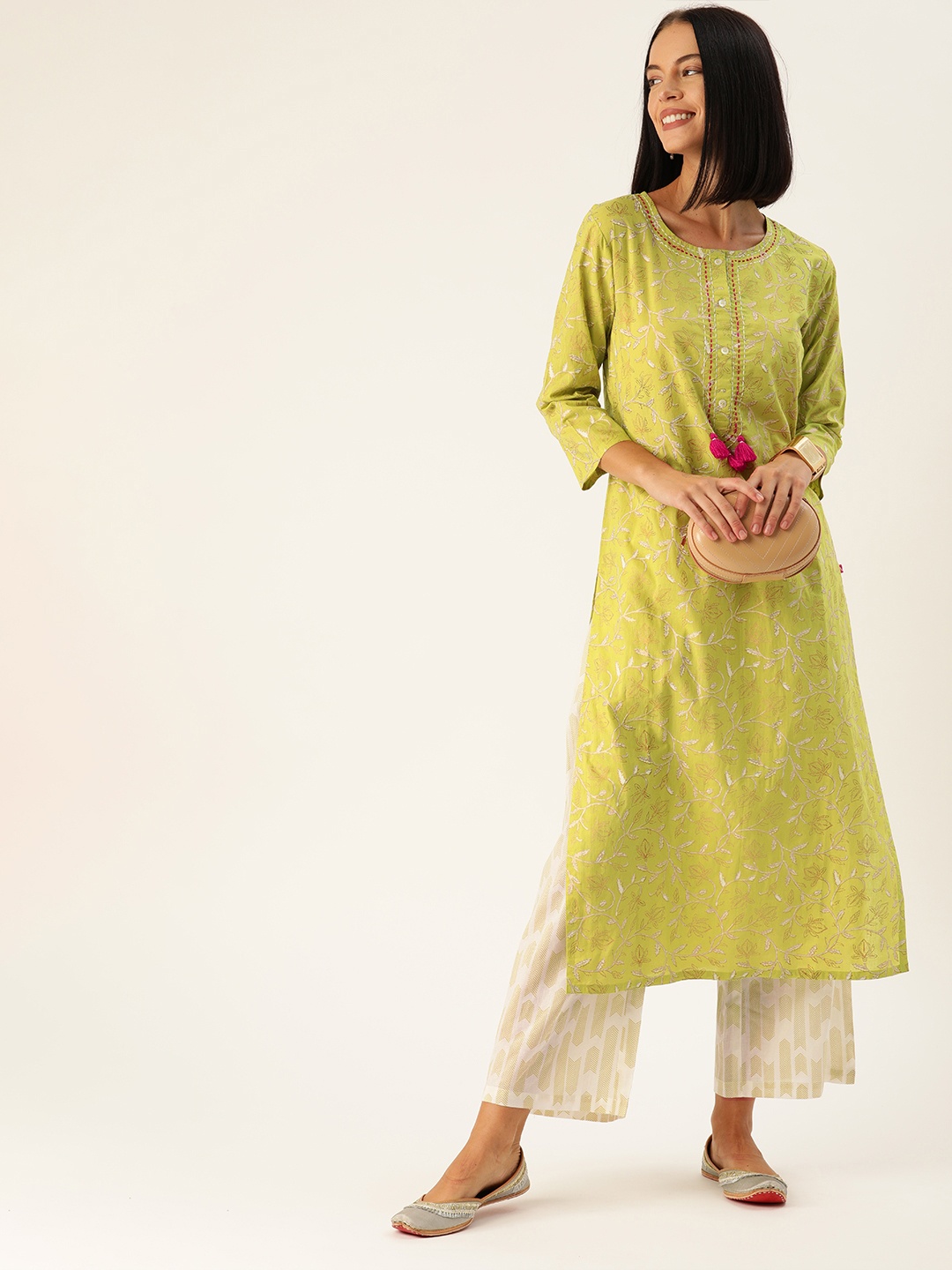 

Varanga Women Lime Green & White Printed Kurta with Palazzos