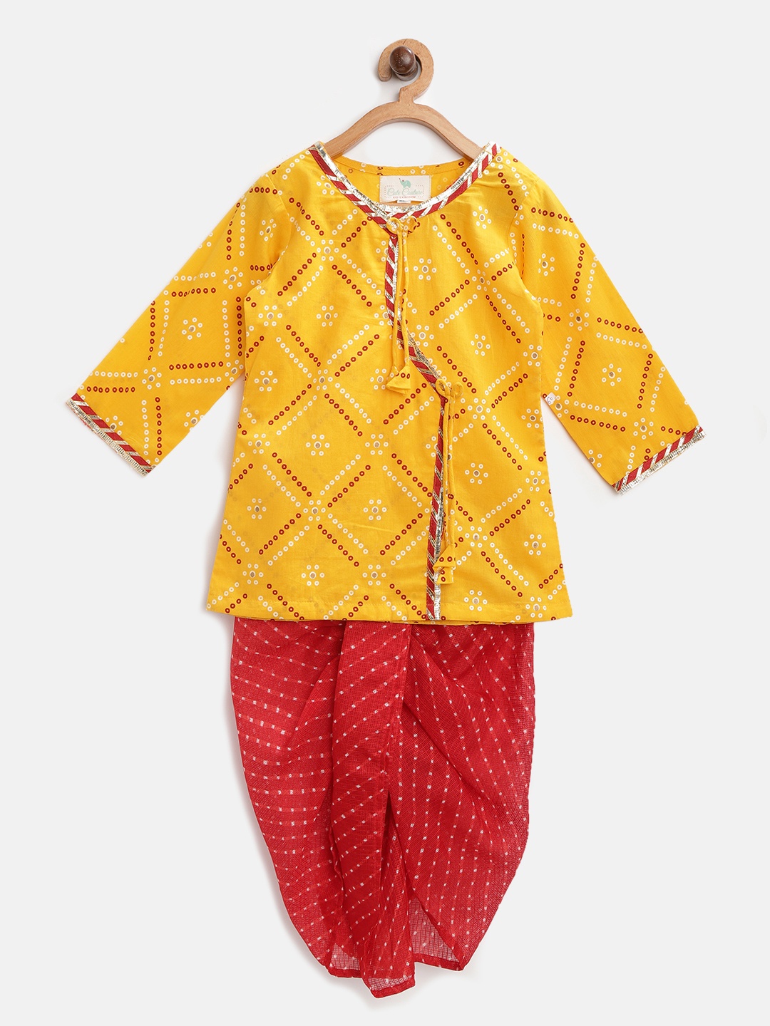 

Cute Couture Boys Yellow & Red Printed Angarkha Kurta with Dhoti Pants