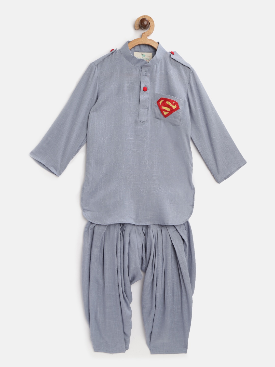 

Cute Couture Boys Grey Solid Pathani Kurta with Patiala